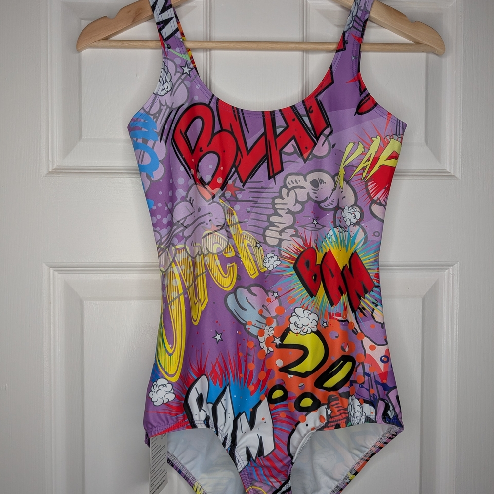 NWT LIVING DEAD CLOTHING Colorful Comic Print Swimsuit / Body Suit sz S